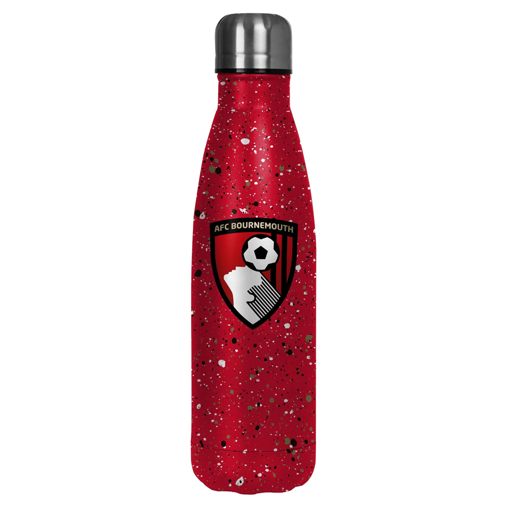 Red AFC Bournemouth thermal flask with a paint splatter design featuring the club crest