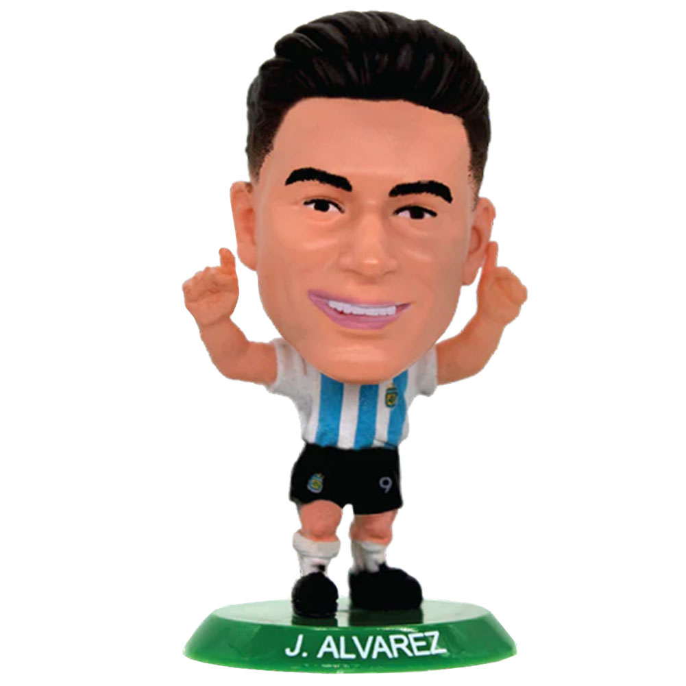 Argentina SoccerStarz Julian Alvarez collectable figure in the classic home kit on a green base