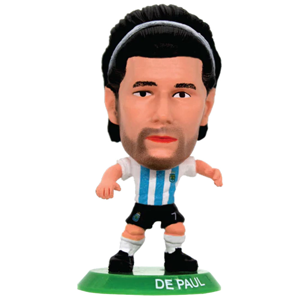 Argentina SoccerStarz Rodrigo De Paul collectable figure in the classic home kit on a green base