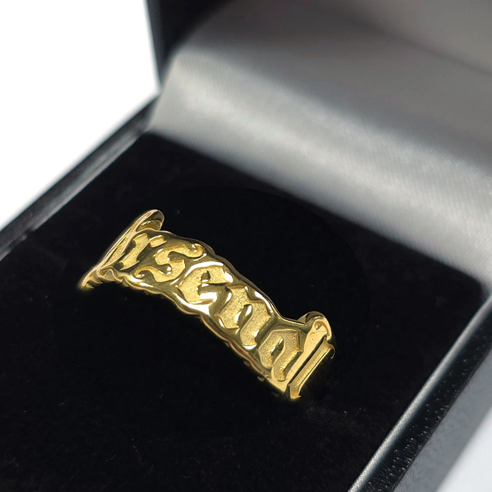 Arsenal FC 18ct gold plated on silver gothic text ring spelling Arsenal, size S