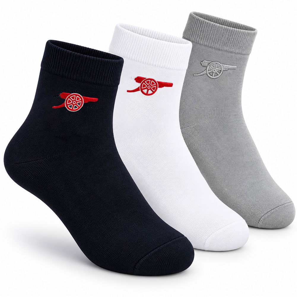 Arsenal FC three pack of adult ankle socks with the crest in black, white and grey, shoe size 4-7