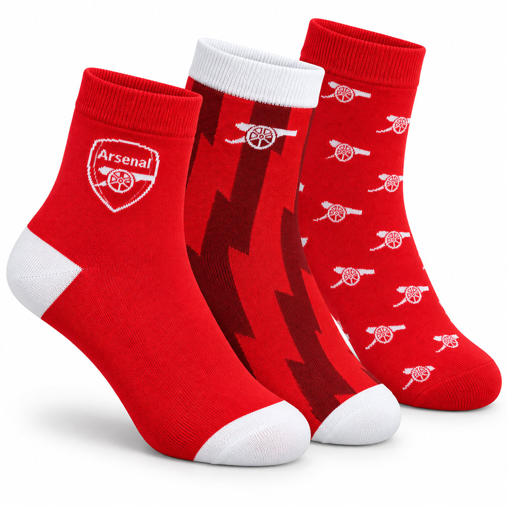 Arsenal FC three pack of adult fashion ankle socks with the crest and vibrant club colour patterns