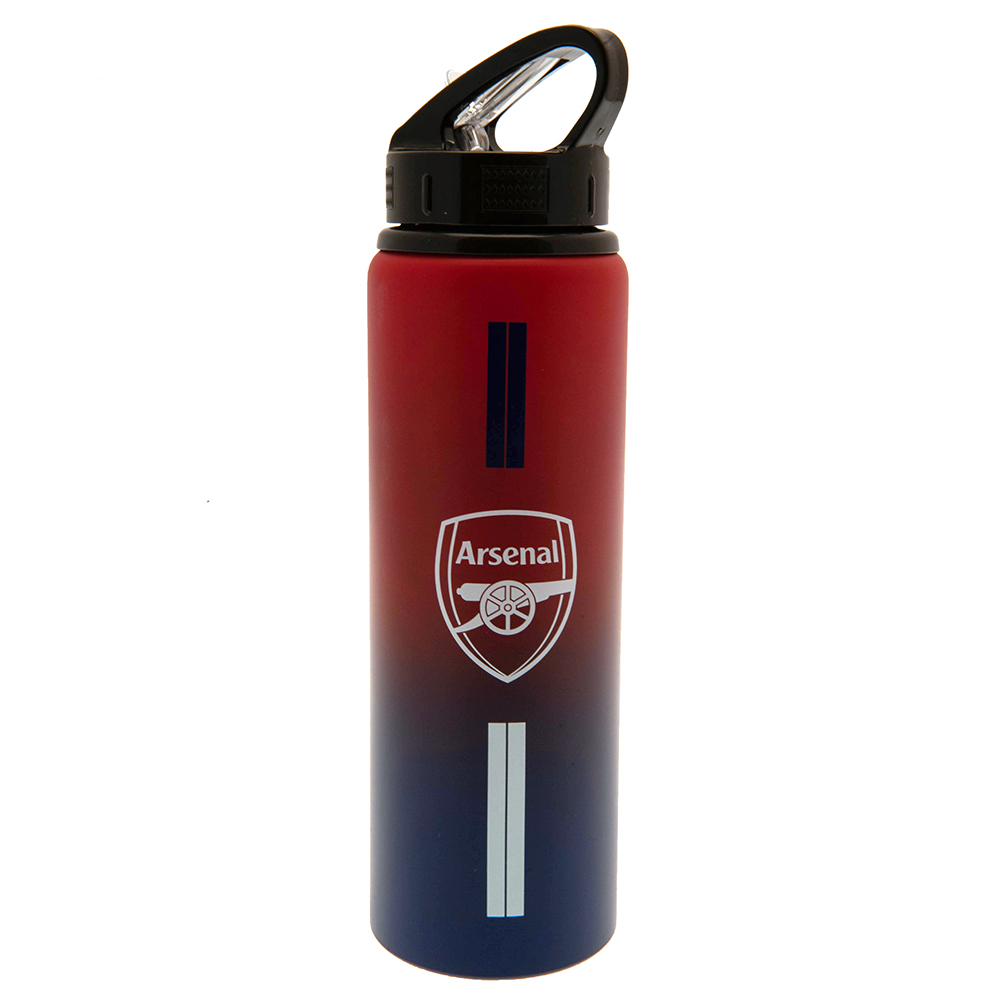 Arsenal FC 750ml aluminium drinks bottle with a vibrant stripe design and the crest and text in white