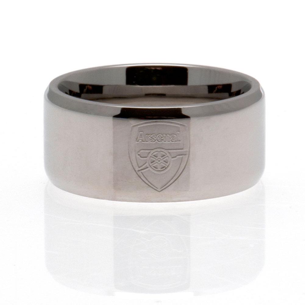 Arsenal FC stainless steel band ring with a bevelled edge, chrome finish and engraved Arsenal crest