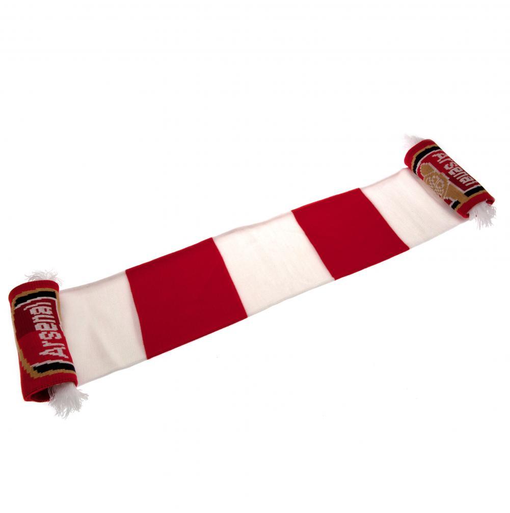 Arsenal FC red and white bar stripe jacquard knit scarf with white fringe and large club crest