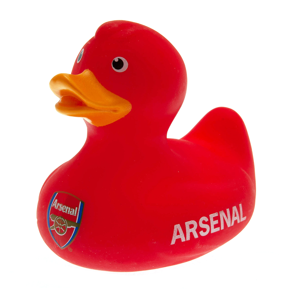 Red Arsenal FC bath time rubber duck with a yellow beak, white Arsenal text and a full colour crest