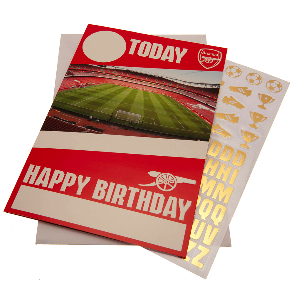 Arsenal FC colourful gloss birthday card with gold stickers and a space on the front for name and age