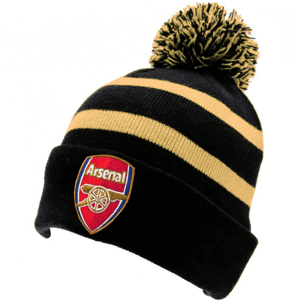 Arsenal FC black cuff knit bobble hat with a gold stripe, black and gold bobble and raised crest
