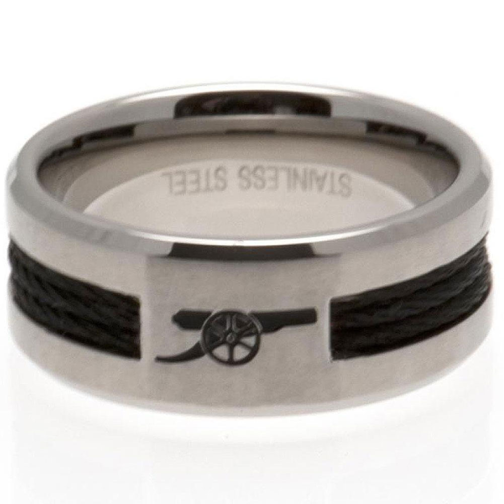 Arsenal FC stainless steel ring with a black rope insert, brushed satin finish and the engraved Arsenal cannon