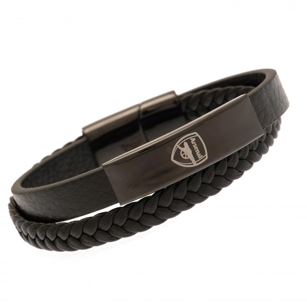 Arsenal FC twin genuine leather bracelet with a black IP crest plate and engraved Arsenal logo