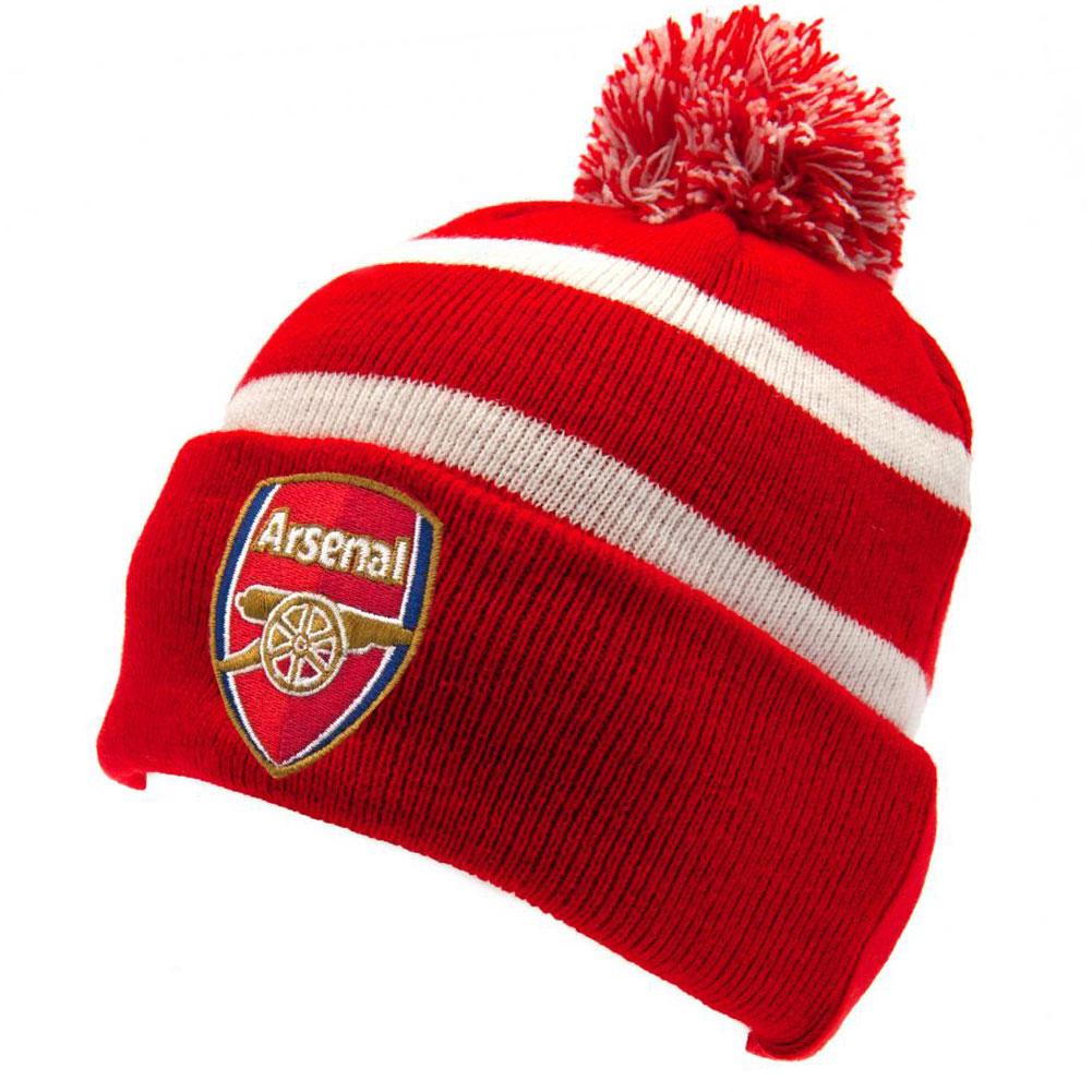 Arsenal FC youths red cuff knit bobble hat with a white stripe, red and white bobble and raised crest