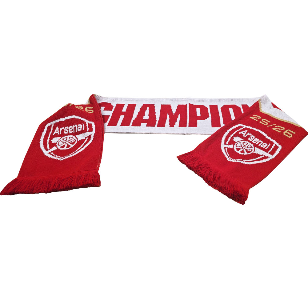 Arsenal FC red and white jacquard knit scarf with Champions 25/26 text, white fringe and large club crest