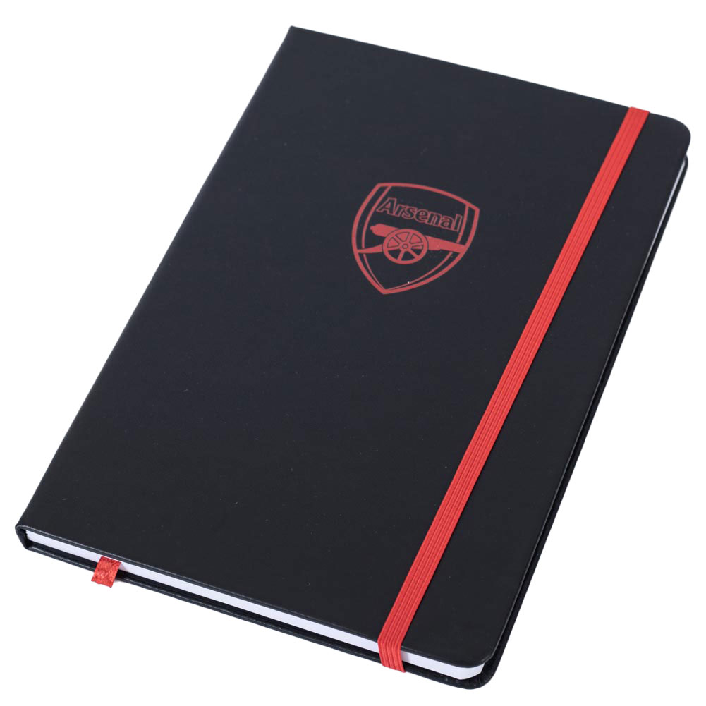 Arsenal FC hardback notebook with black faux leather and a red embossed Arsenal crest