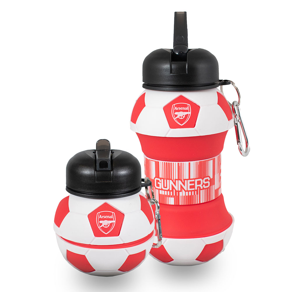 Arsenal FC collapsible football shaped drinks bottle with a white Arsenal crest, Gunners text and a carabiner clip