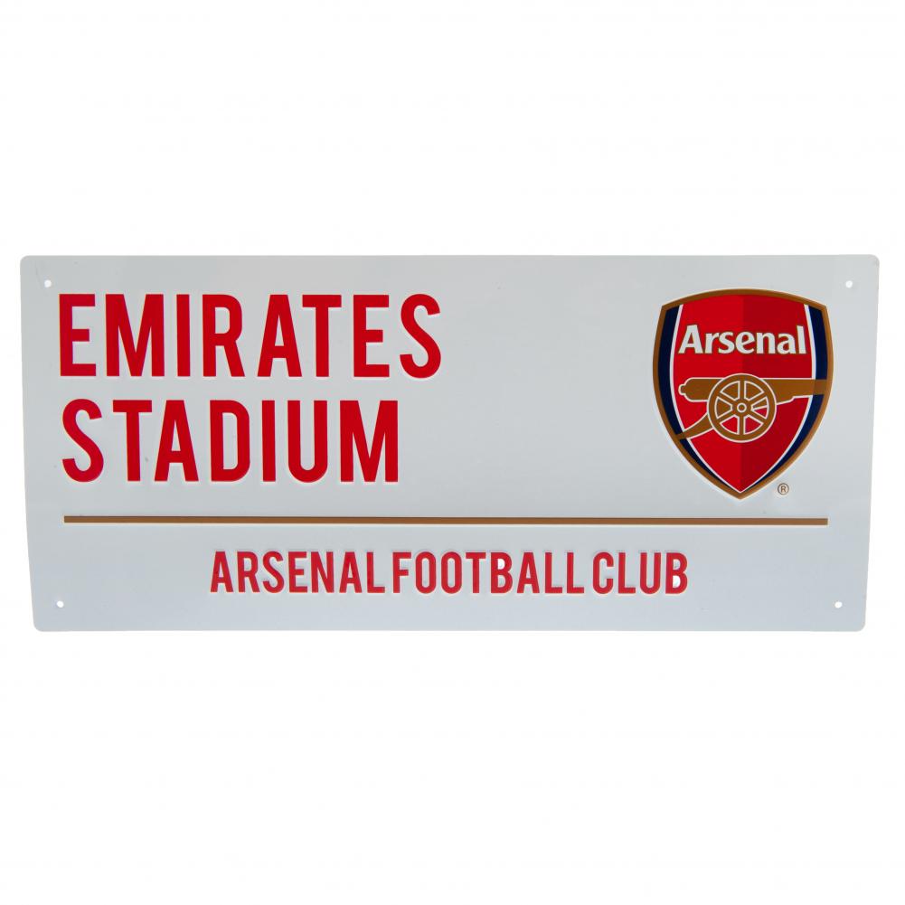 Arsenal FC gloss finish metal wall sign styled as an Emirates Stadium road sign on a white background