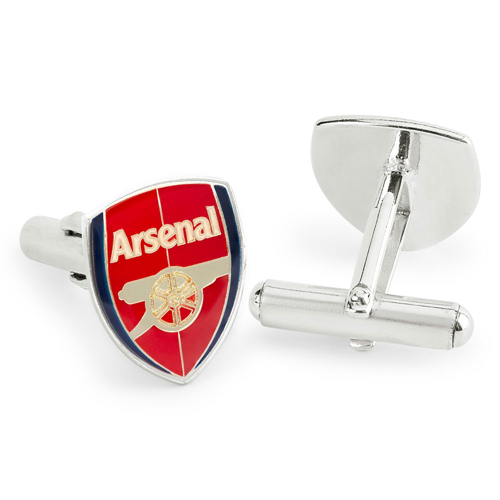 Pair of Arsenal FC silver plated chrome crest shaped cufflinks with a full colour formed Arsenal crest