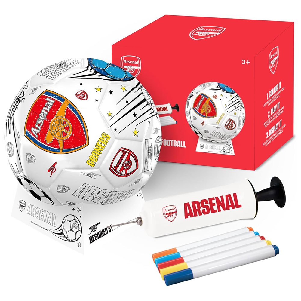 Arsenal FC colour in mini football set with crest and mascot, colouring pens, pump and stand