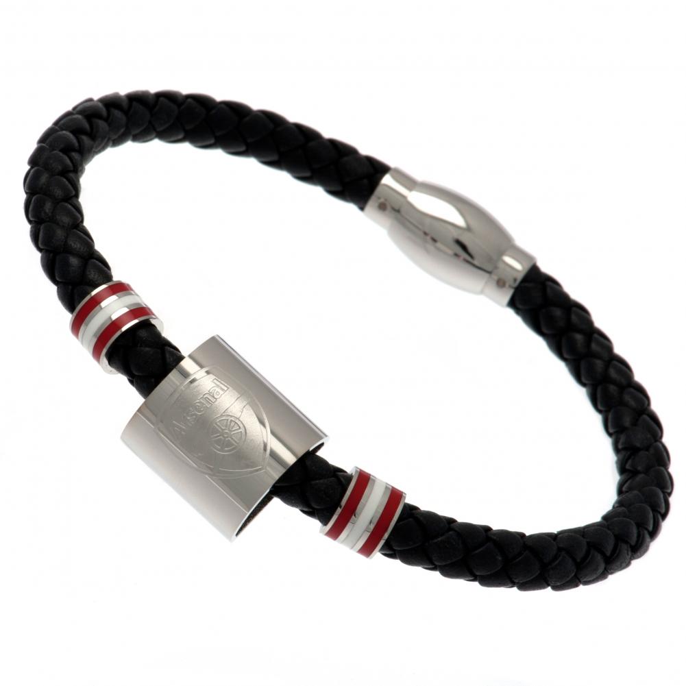 Arsenal FC black genuine leather rope bracelet with stainless steel colour rings and an engraved club crest