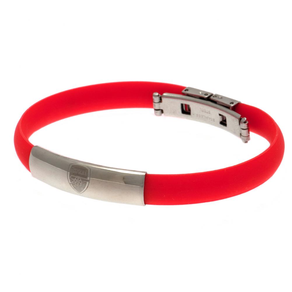 Red Arsenal FC flexi silicone bracelet with an engraved club crest plate and a steel clasp
