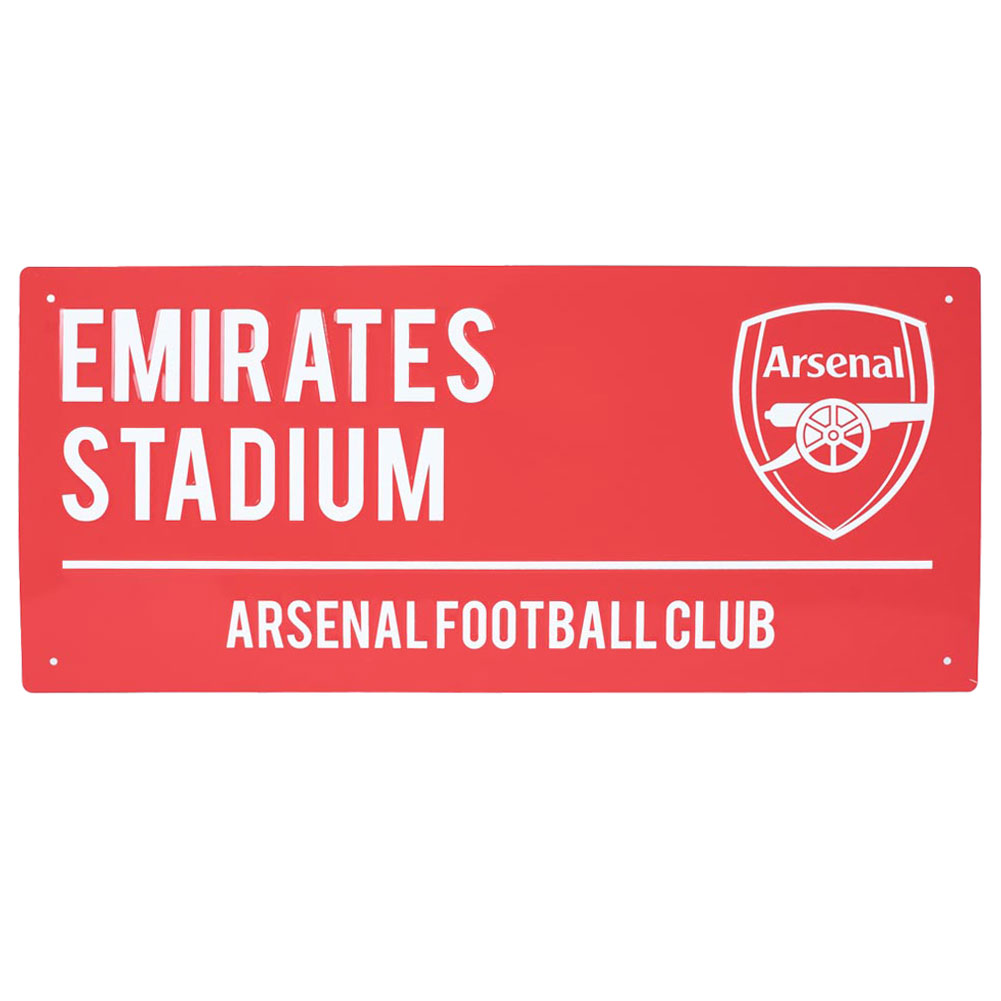 Arsenal FC gloss finish metal wall sign styled as an Emirates Stadium road sign on a red background