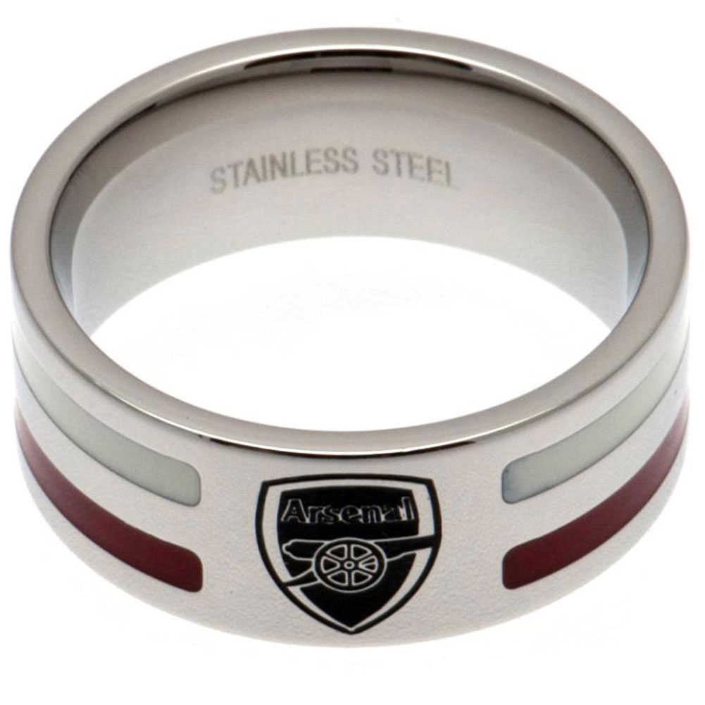 Arsenal FC stainless steel ring with red and white colour inserts, chrome finish and engraved Arsenal crest