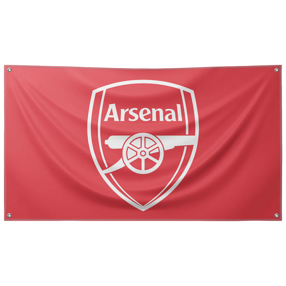 Arsenal FC red supporters flag with a large Gunners crest in the centre