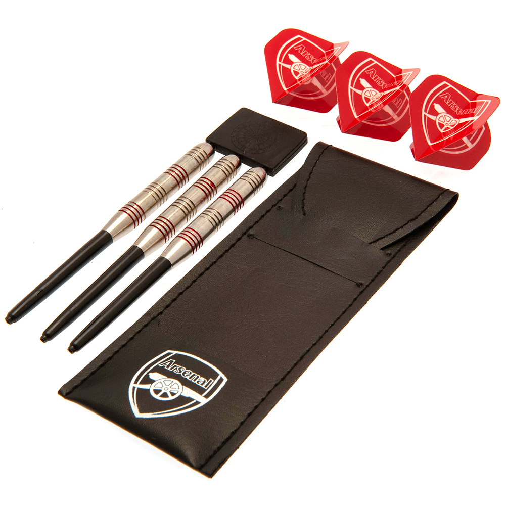 Arsenal FC essential darts set with red-detailed barrels, black shafts, red flights and a crest PU case