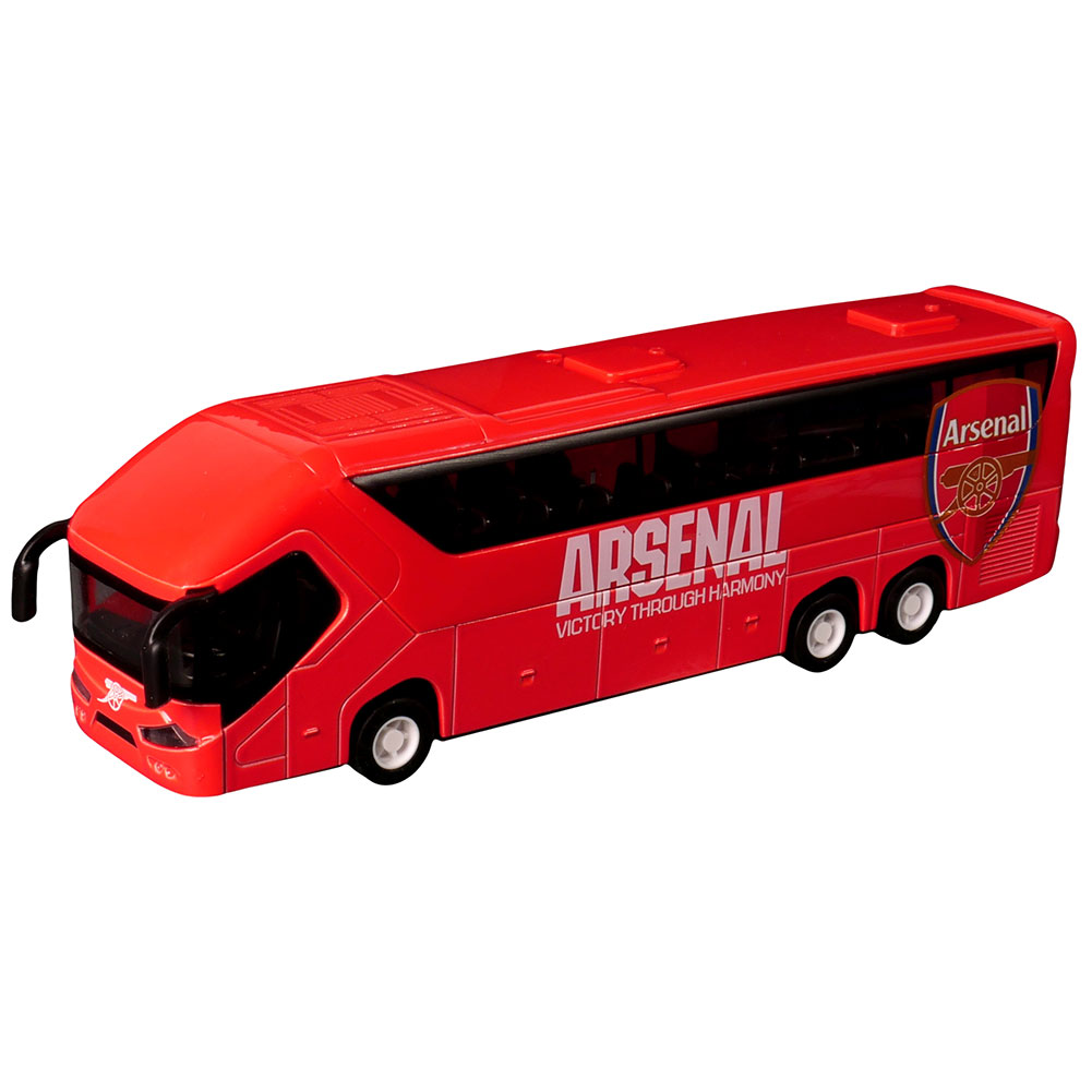 Arsenal FC die cast metal replica team bus printed with the Arsenal crest and text