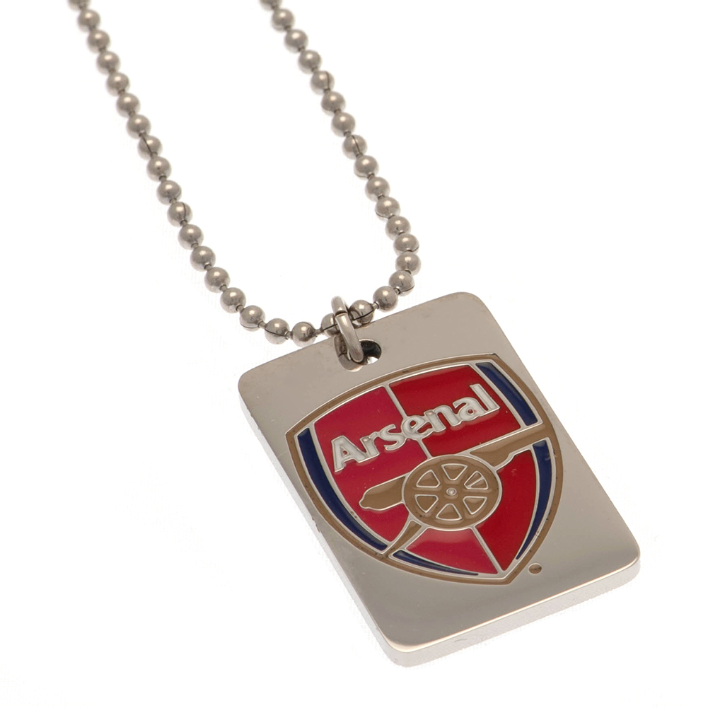 Arsenal FC stainless steel dog tag with a colour inlay crest on a chrome finish and a ball chain