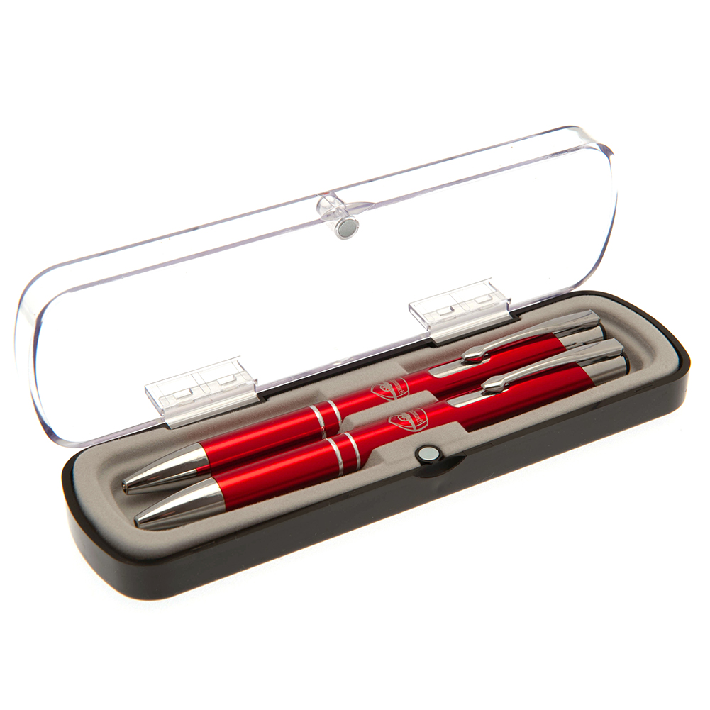 Arsenal FC red pen and pencil gift set with a silver crest in a clear Perspex display case