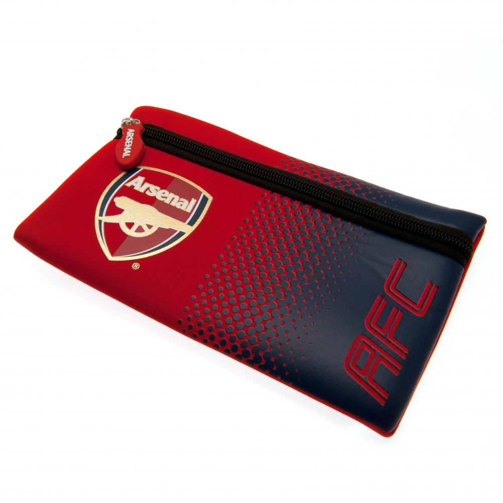Arsenal FC neoprene zipped pencil case with a full colour Arsenal crest on a red and navy fade design