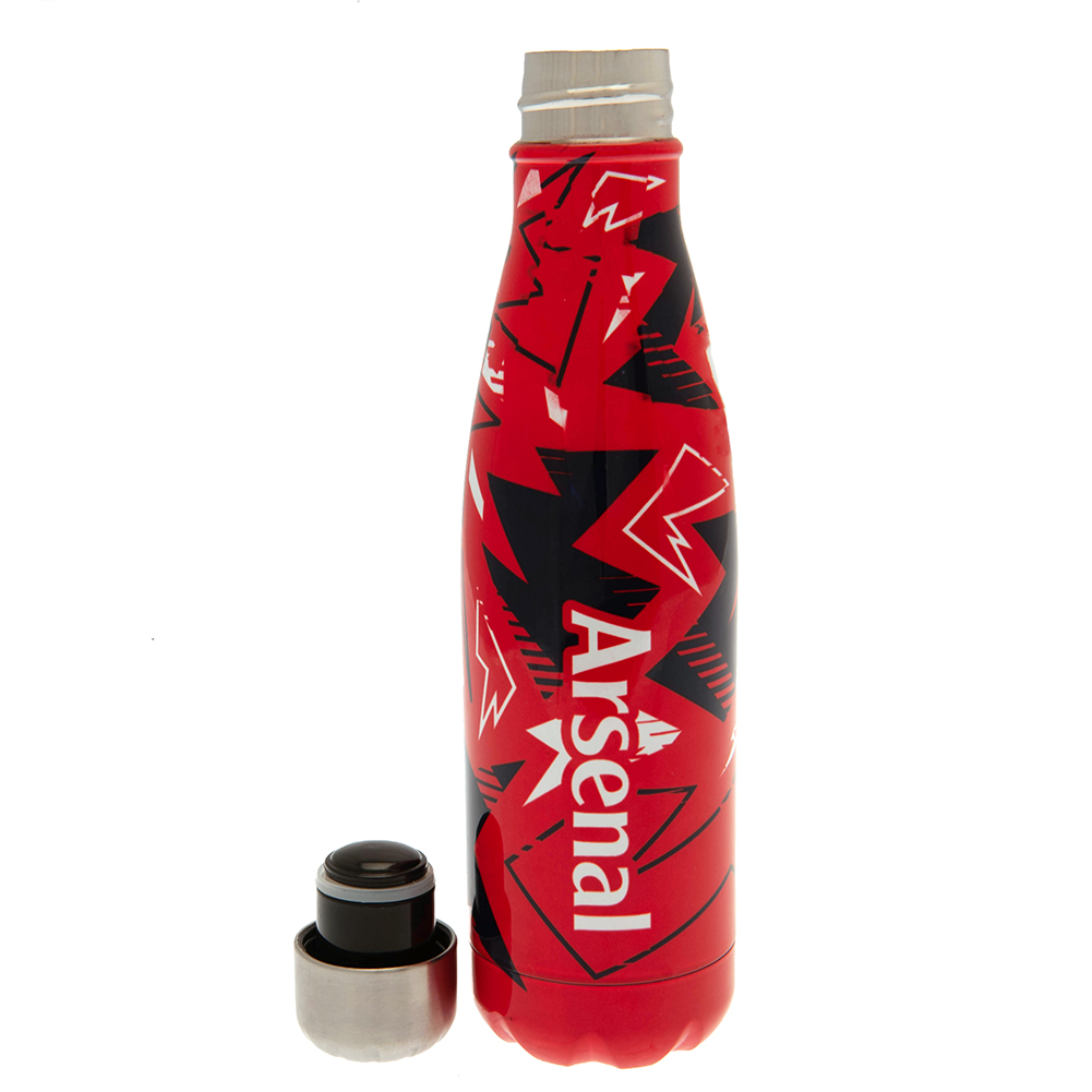 Red Arsenal FC thermal flask with a blue and white fragment pattern and the Arsenal crest