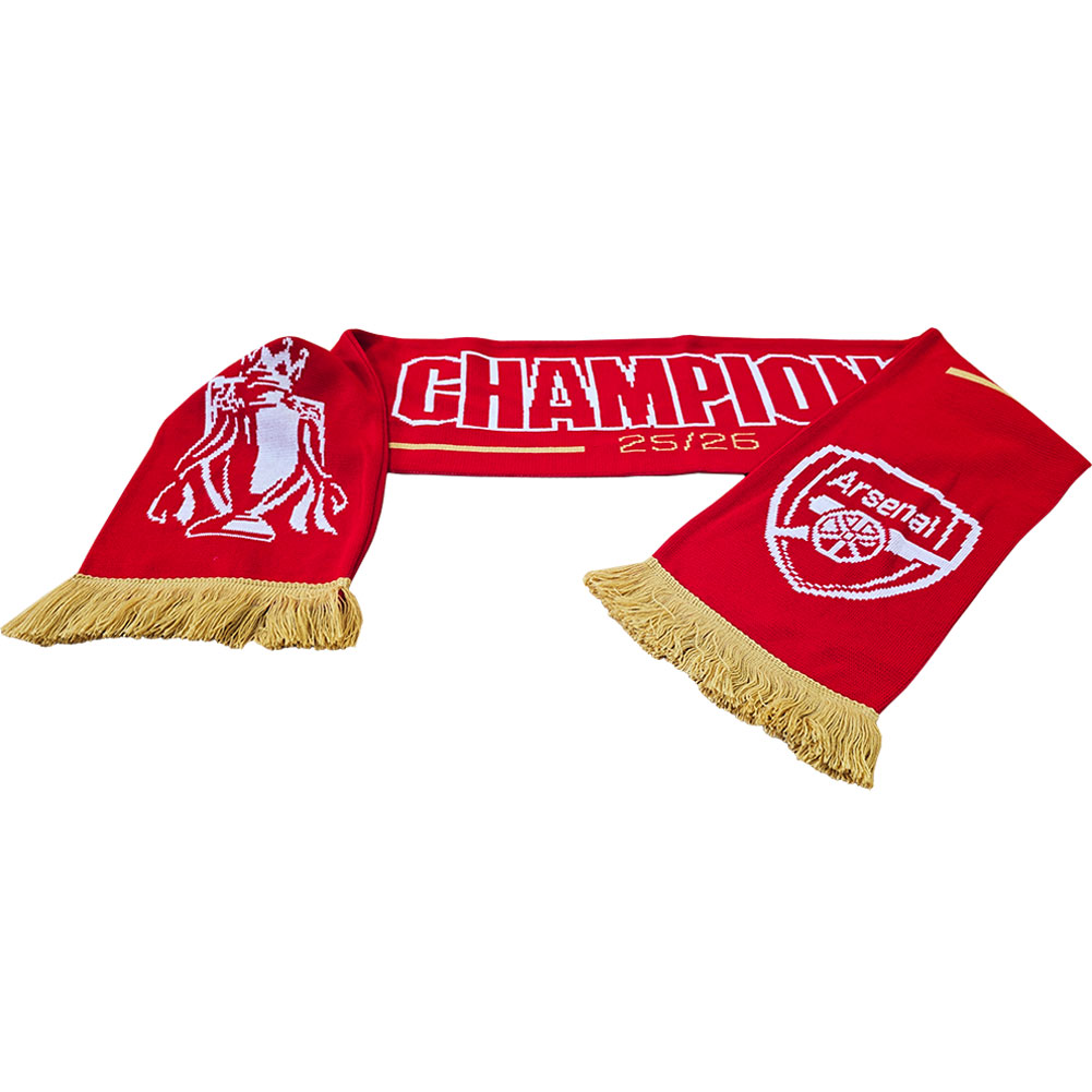 Arsenal FC red and white jacquard scarf with gold fringe, Champions 25/26 text, club crest and trophy
