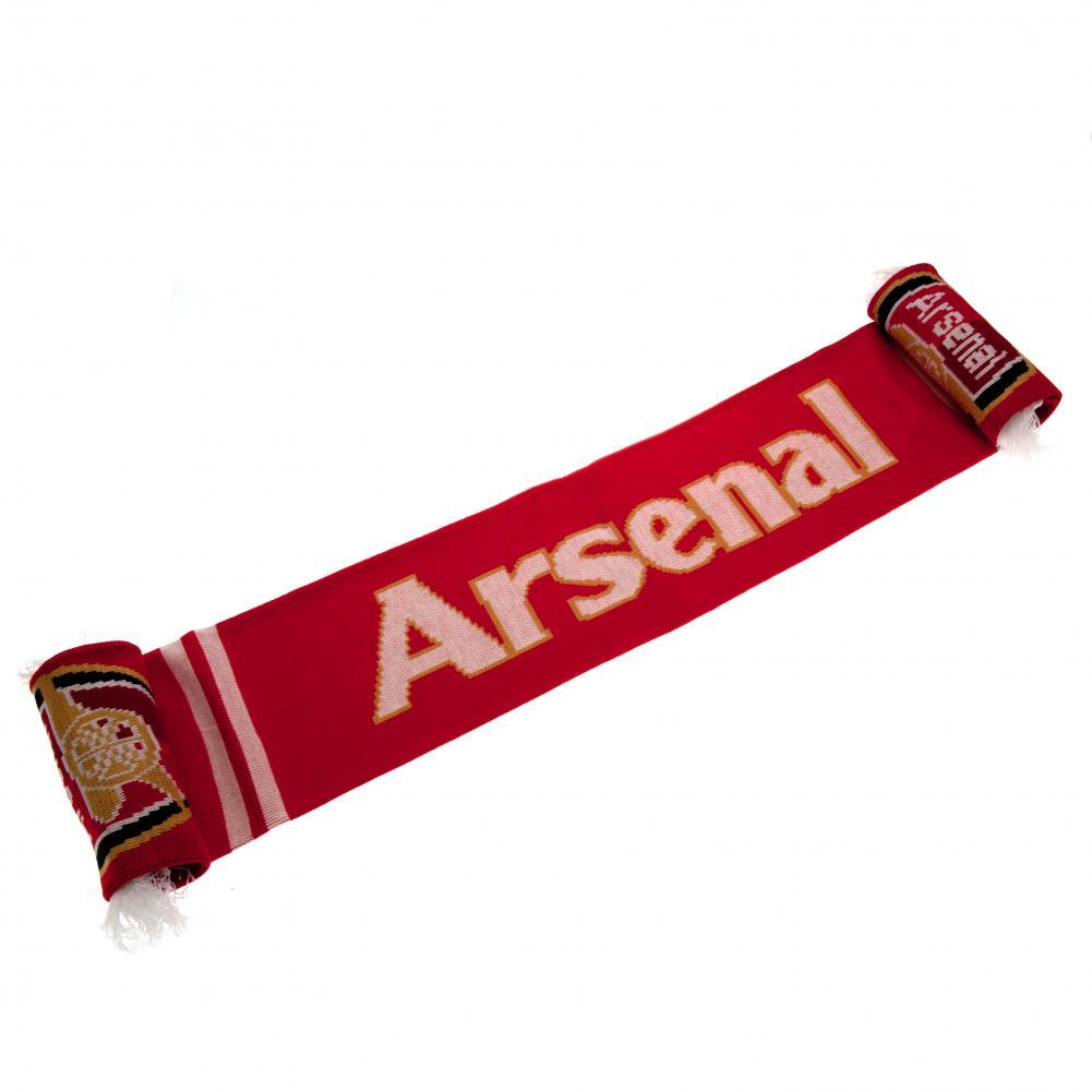 Arsenal FC red jacquard knit Gunners scarf with white stripes, white and gold Arsenal text and club crest