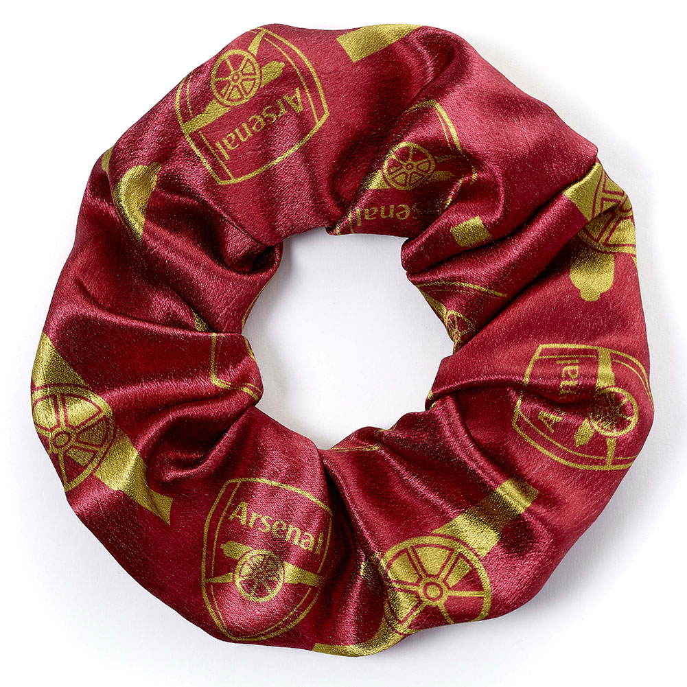 Colourful Arsenal FC satin hair scrunchie featuring Arsenal club icons
