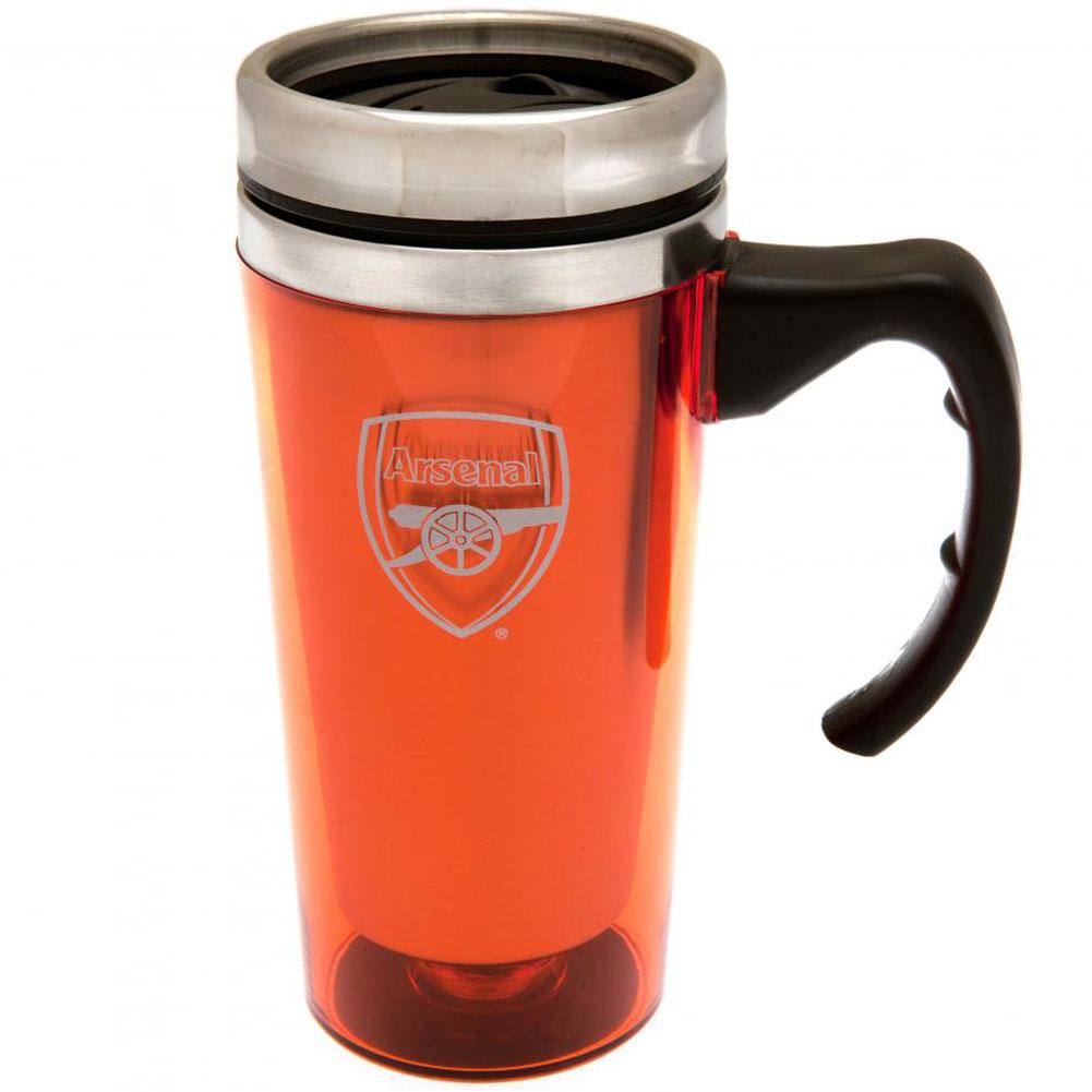 Red translucent Arsenal FC stainless steel travel mug with a printed Arsenal crest and ergonomic handle