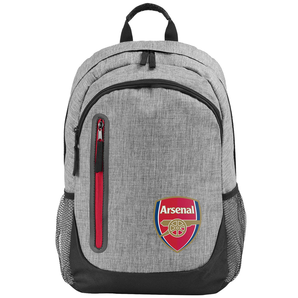 Heather grey Arsenal FC backpack with a full colour crest and a contrast zipped front pocket