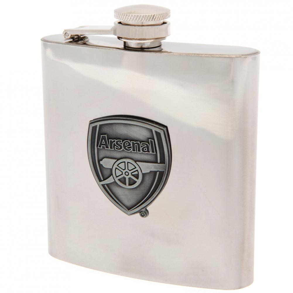 Arsenal 6oz stainless steel hip flask with an antique badge and a presentation box
