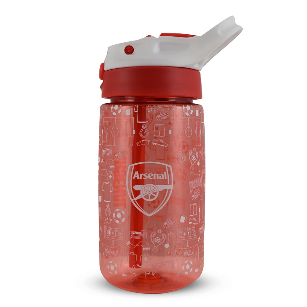 Vibrant red Arsenal FC kids water bottle with a white Arsenal crest and fun icon design