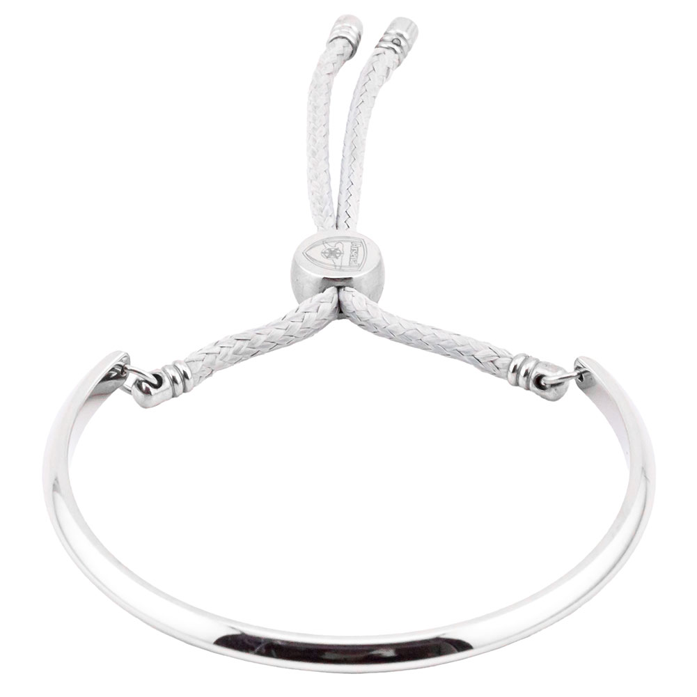 Arsenal FC ladies stainless steel bangle with grey rope and an engraved Gunners logo slider