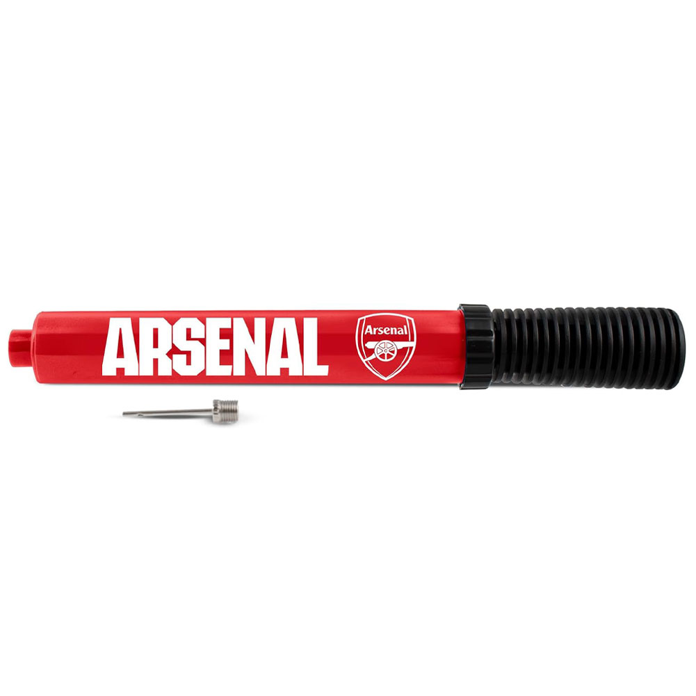 Arsenal FC large blue dual action football hand pump with white Arsenal text, on a header card