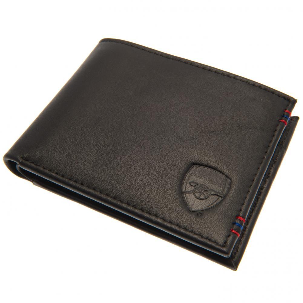 Arsenal FC leather wallet with red and blue stitching detail and an embossed club crest