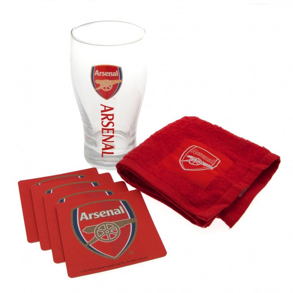 Arsenal FC mini bar set with a red text tulip pint glass, red bar towel and four crested beer mats