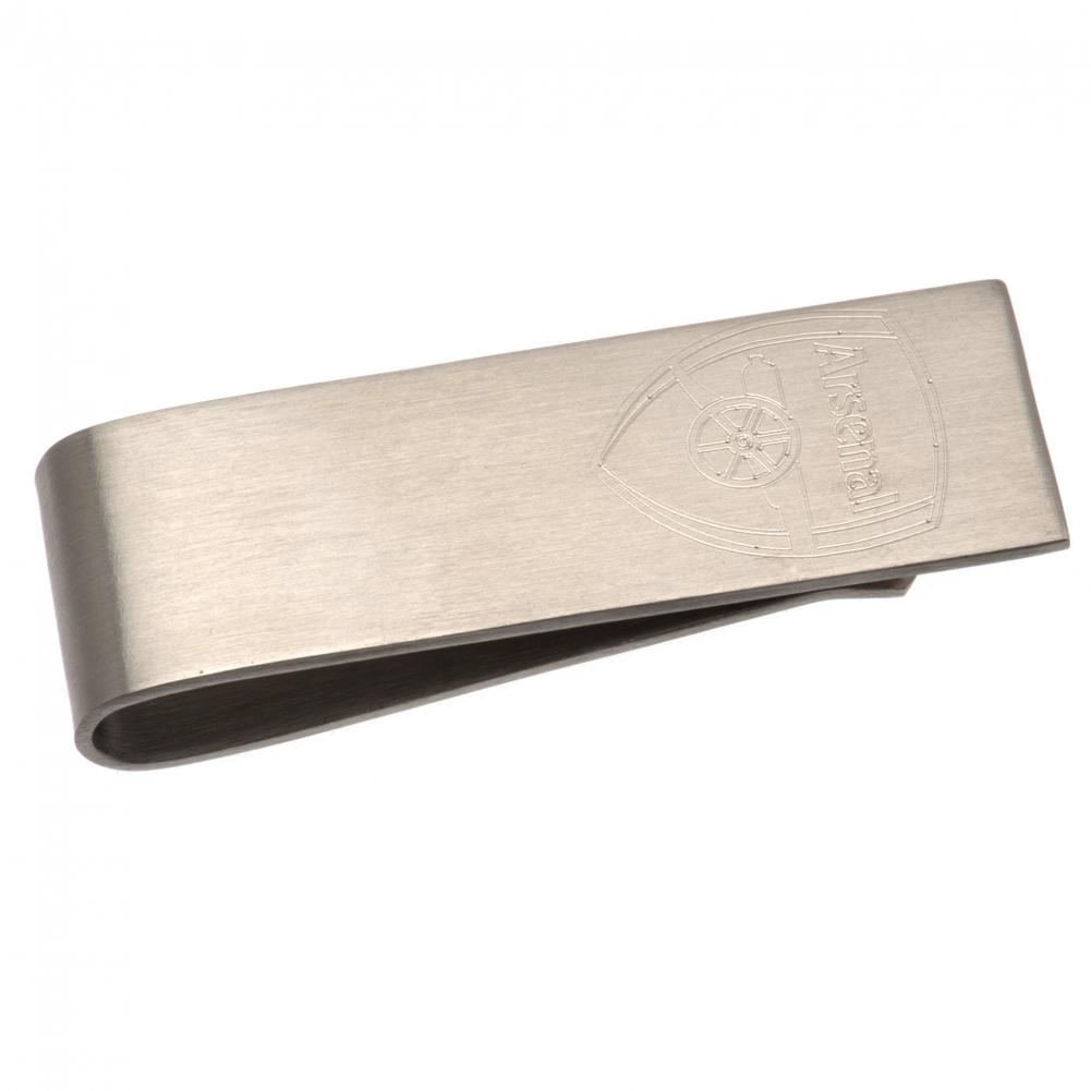 Arsenal FC stainless steel money clip with a brushed satin finish and an engraved Arsenal crest