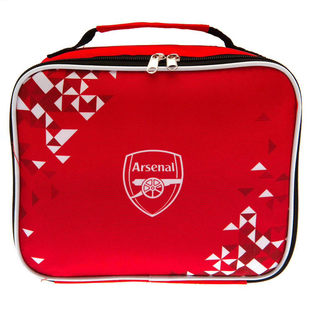 Arsenal FC particle design lunch bag with a white club crest, name tag and carry handle
