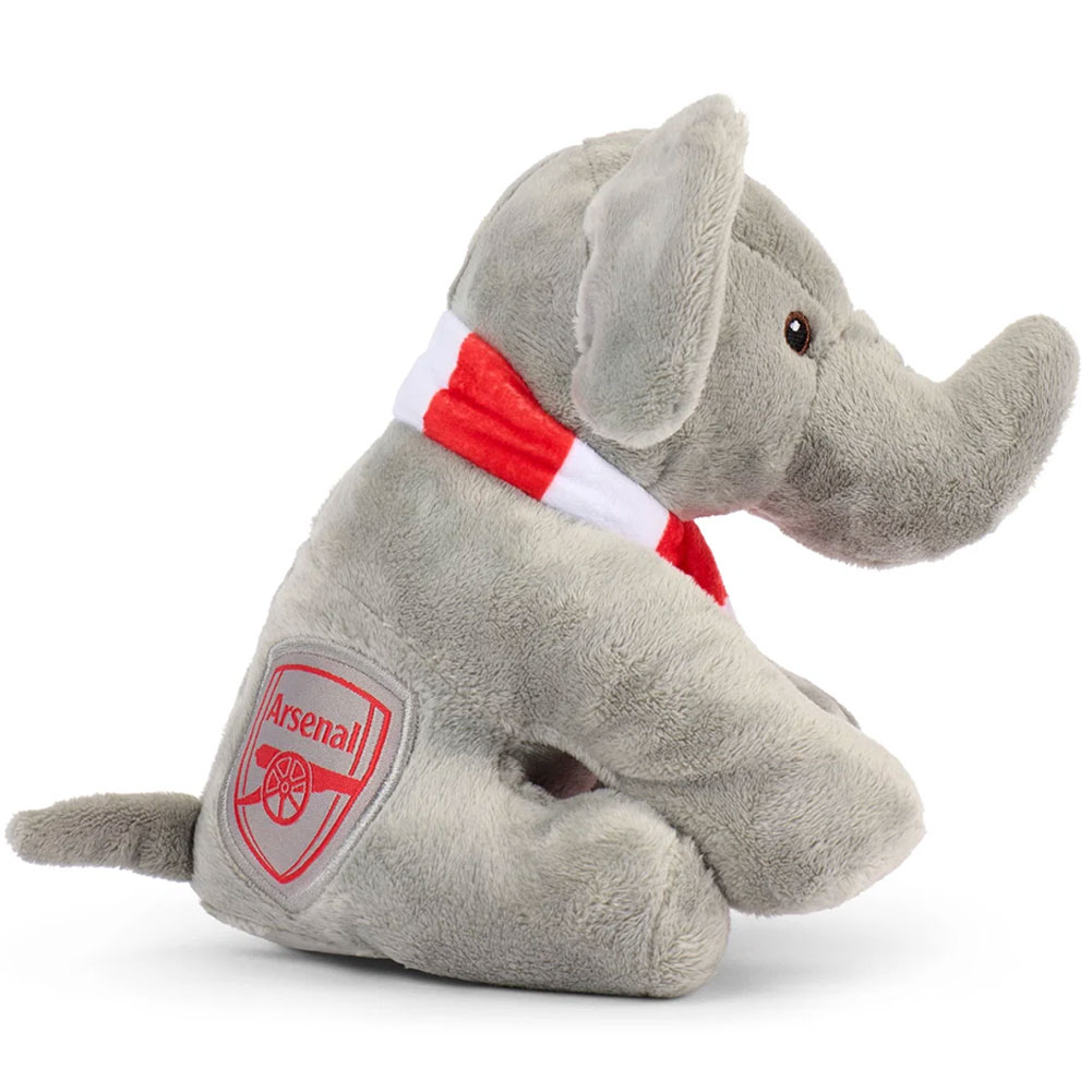 Arsenal FC freestanding plush elephant with a woven Arsenal crest on the side and a team colour bar scarf