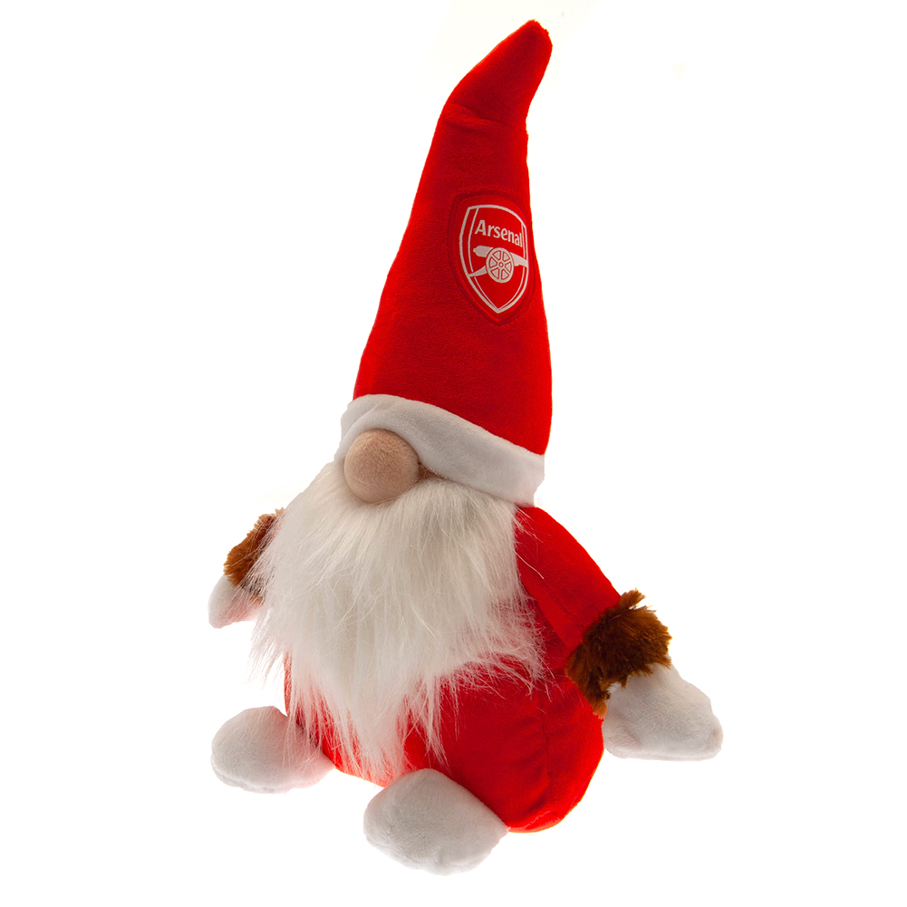 Arsenal FC plush Gonk in red and white with a large beard, round nose and crest on its hat