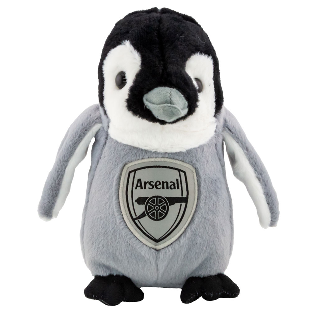 Arsenal FC freestanding plush penguin with a woven Arsenal crest on the front