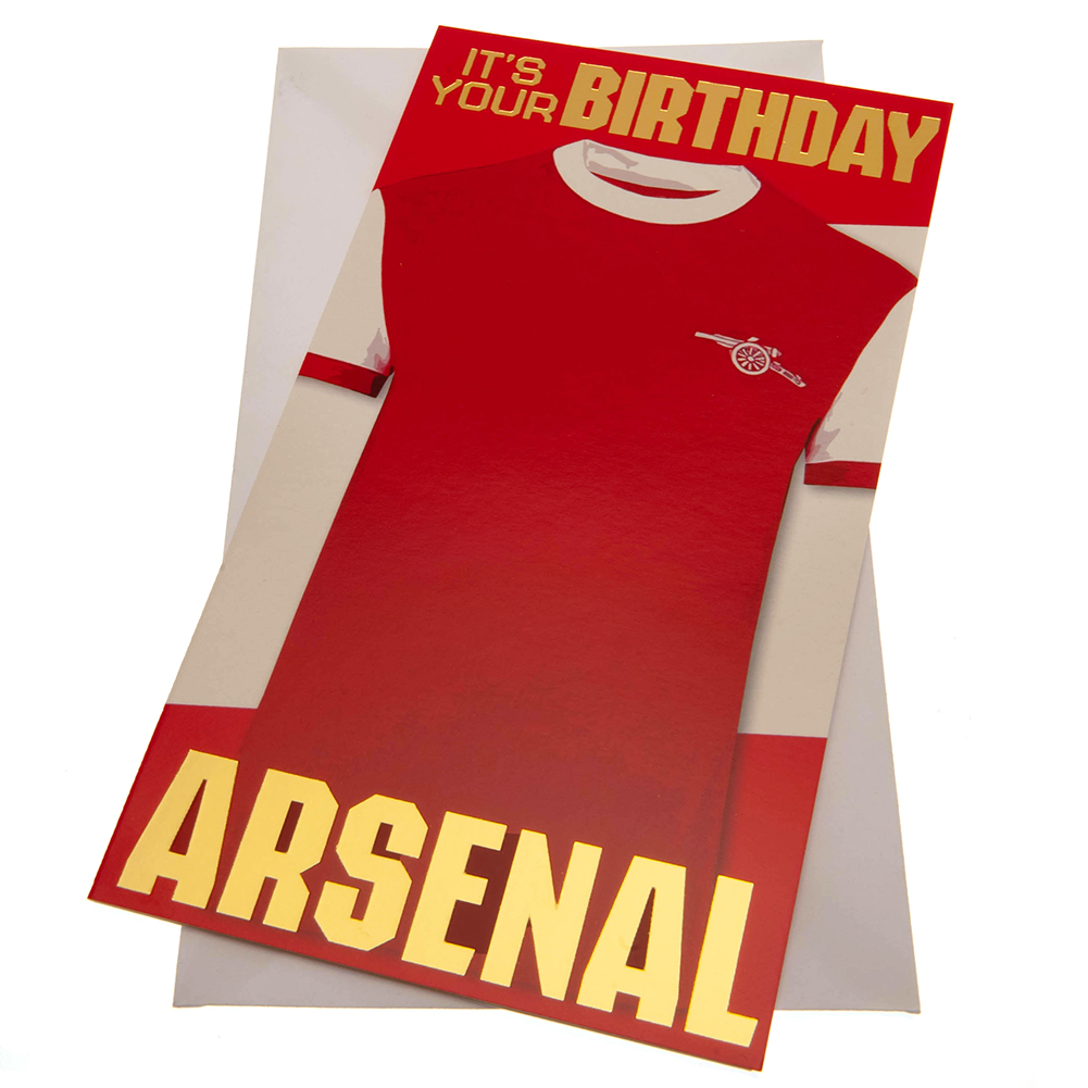 Arsenal FC colourful gloss birthday card with a large retro style Arsenal shirt on the front