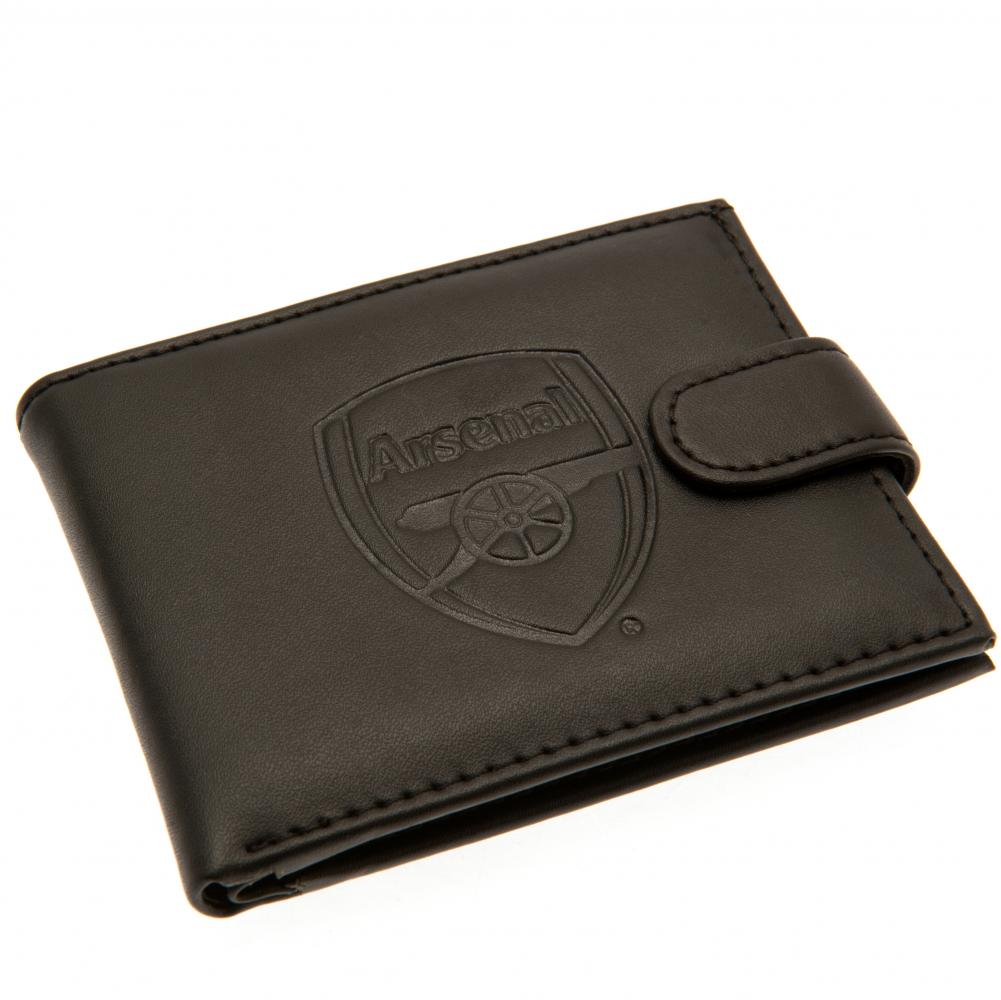 Black Arsenal FC leather wallet with a large debossed club crest and stud fastener